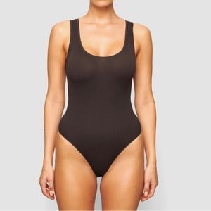 NWT SKIMS Cotton Stretch Scoop Ribbed Tank Bodysuit-Soot L/XL